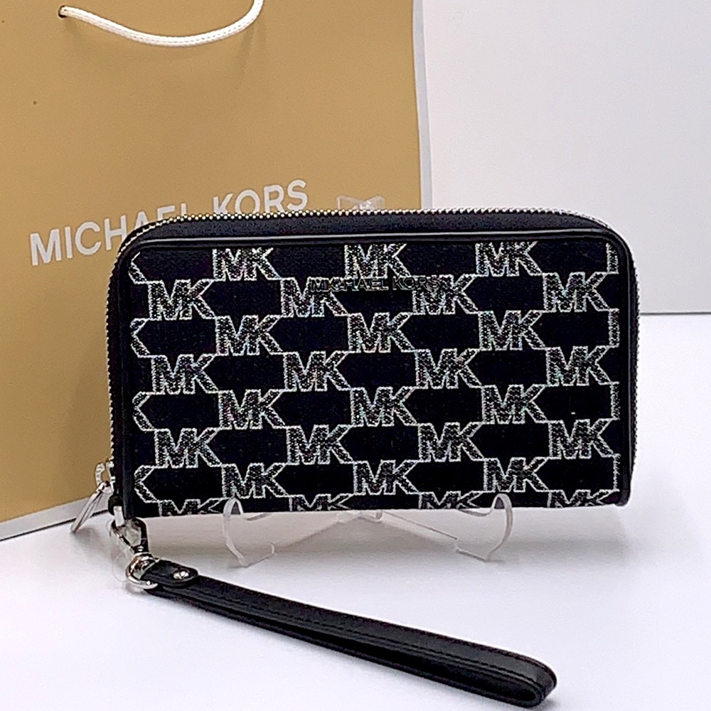 Michael Kors Jet Set Travel Large Phone Case Wristlet Wallet Black Glitter Multi - Picture 10 of 12
